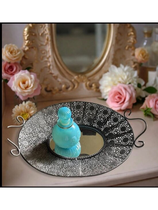 Bella Lux Other - Decorative Bella Lux Silver Filigree Vanity Tray With Mirror Center & Handles 14